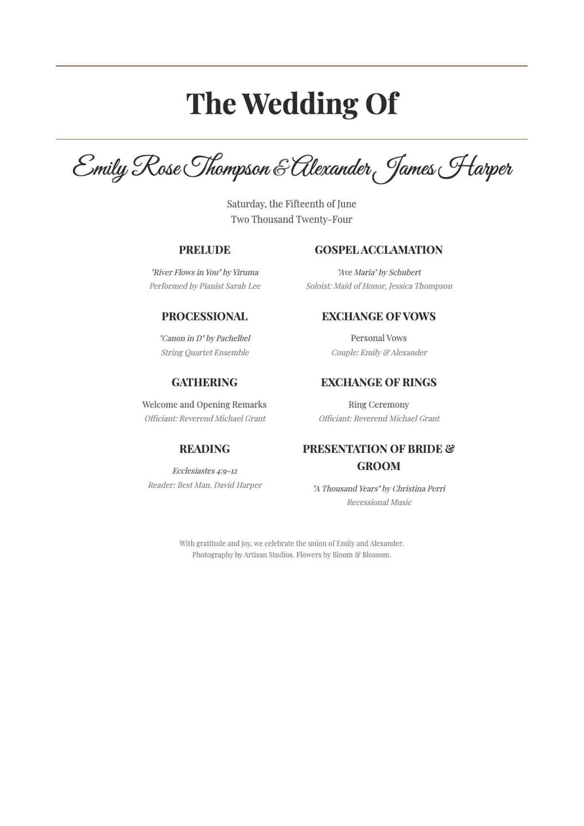 Elegant wedding ceremony program with floral accents and classic typography_variant_1